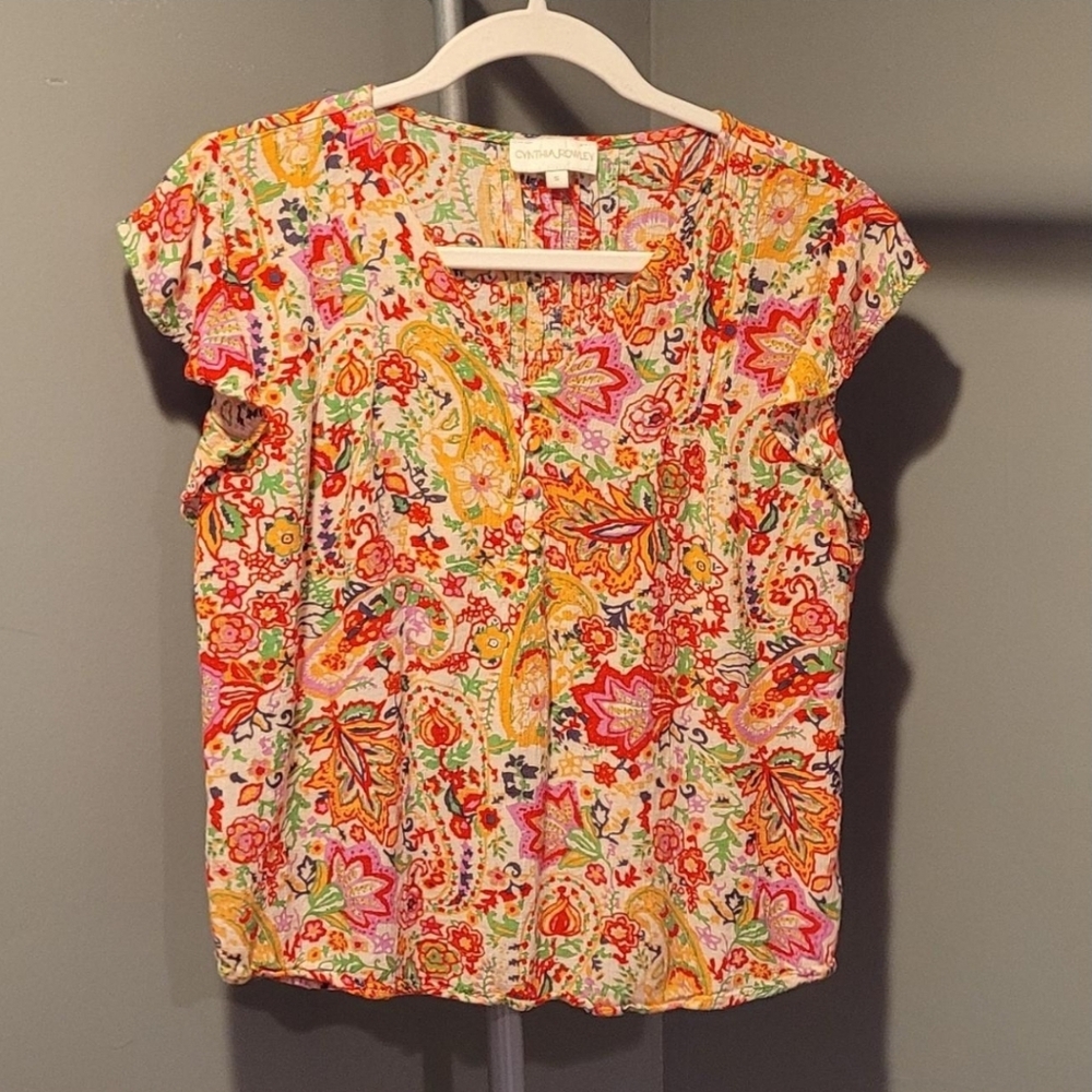Cynthia Rowley Women's Short Sleeve Printed Blouse, Size S, Yellow Multicolor‎